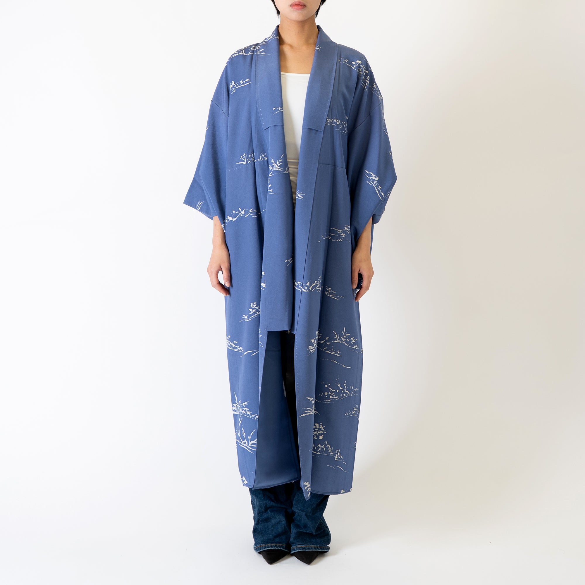 Handcrafted Robe from Vintage Kimono - Blue Tree Leaves Motifs D023