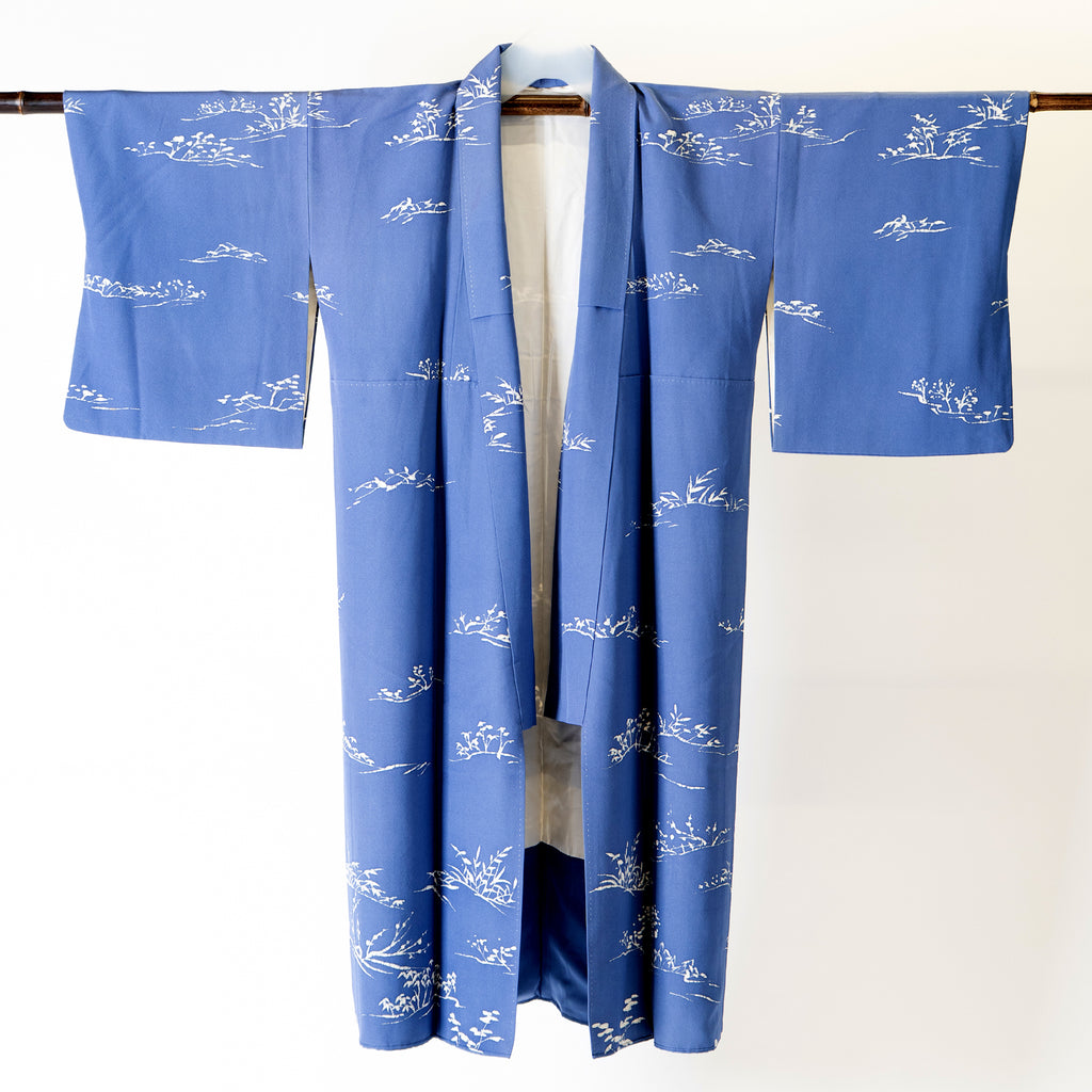 Handcrafted Robe from Vintage Kimono - Blue Tree Leaves Motifs D023