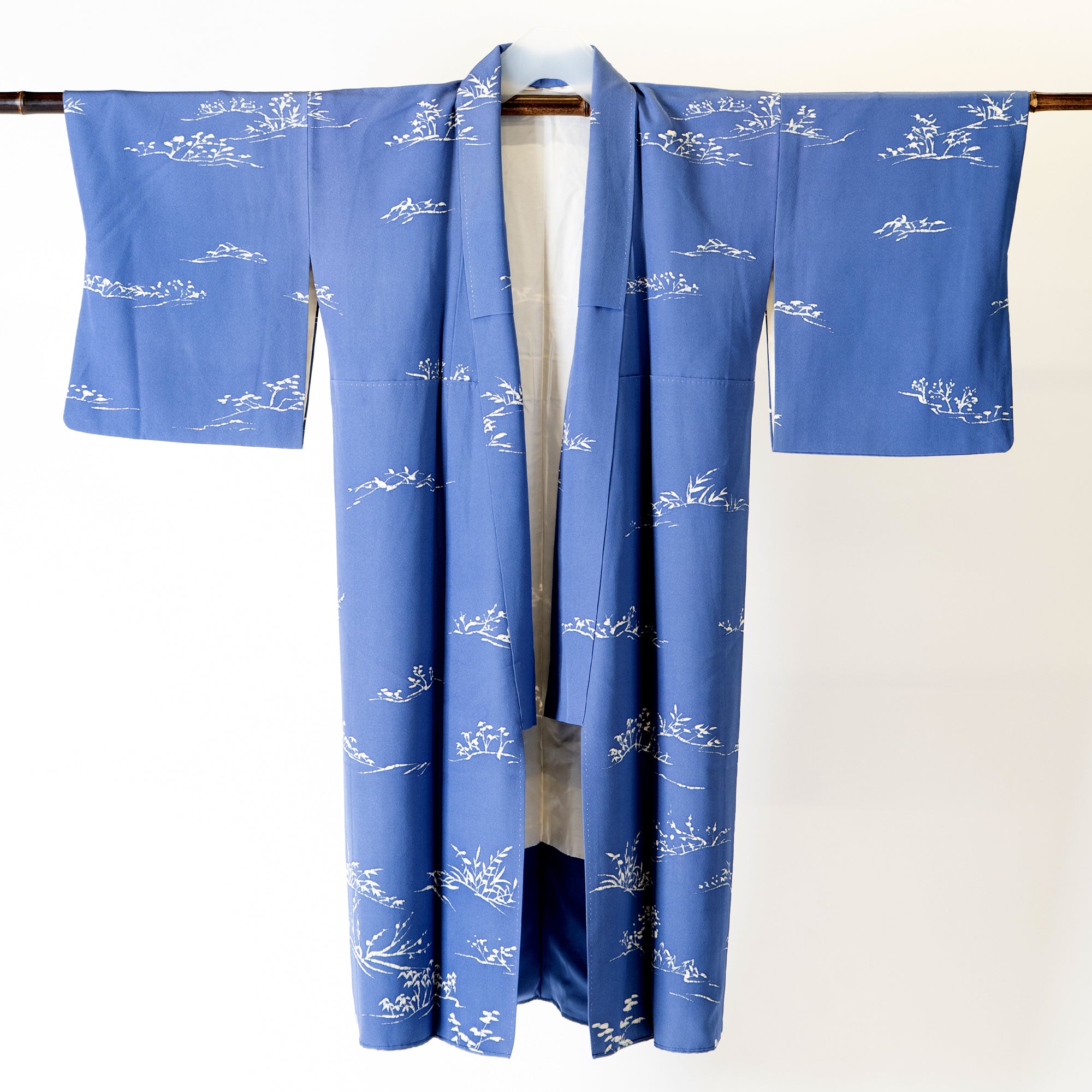 Handcrafted Robe from Vintage Kimono - Blue Tree Leaves Motifs D023