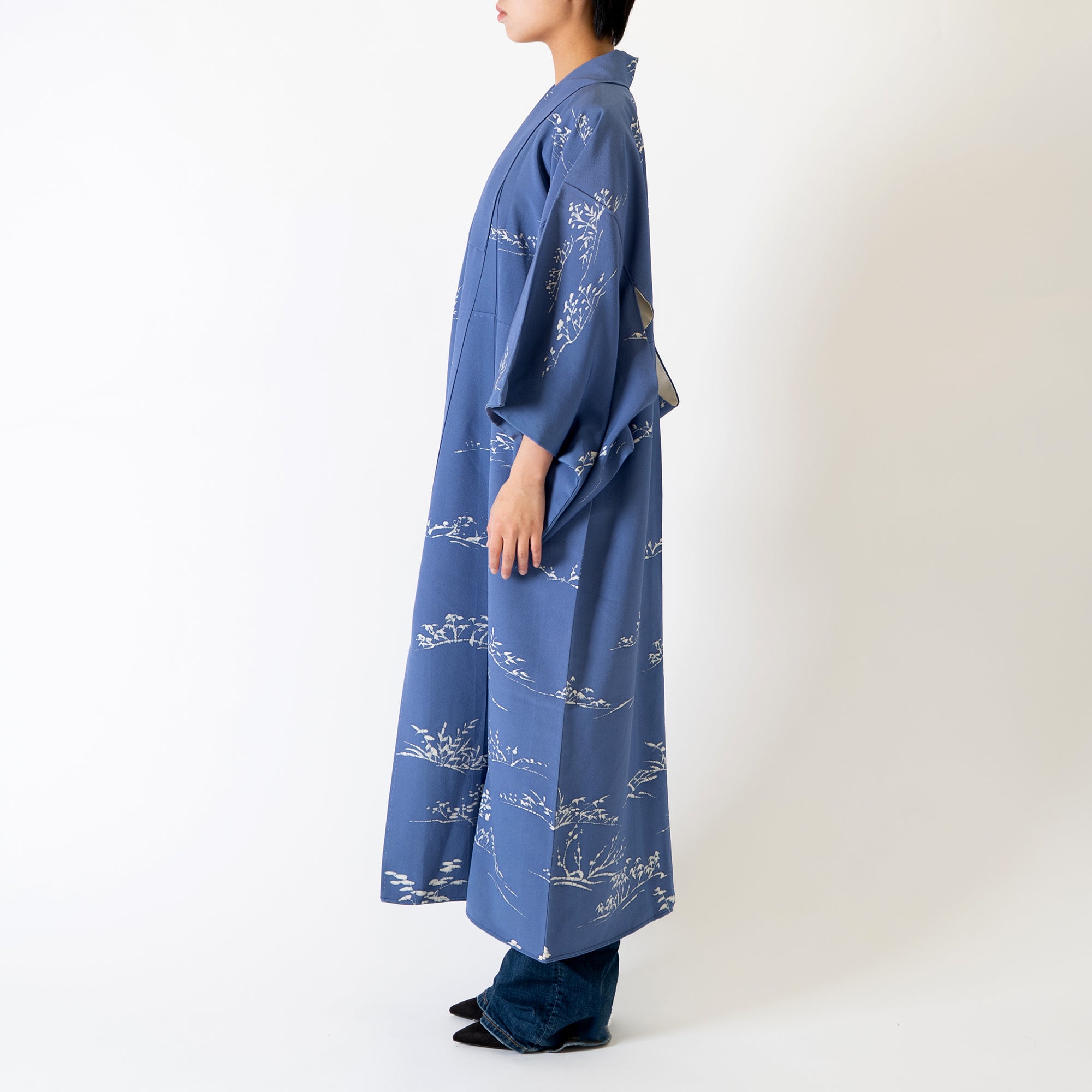 Handcrafted Robe from Vintage Kimono - Blue Tree Leaves Motifs D023