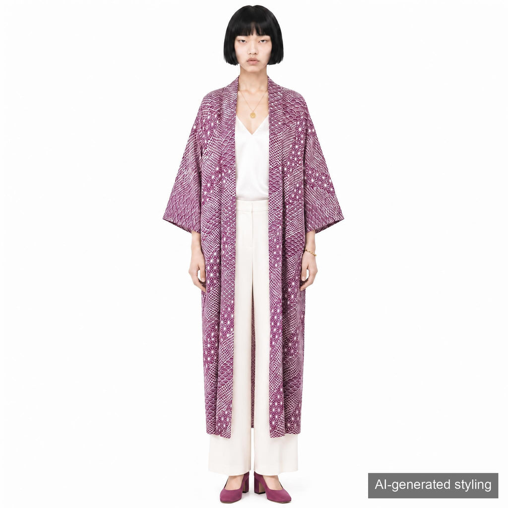 Handcrafted Robe from Vintage Kimono - Purple "ASANOHA" and "SEIGAIHA" Pattern D024