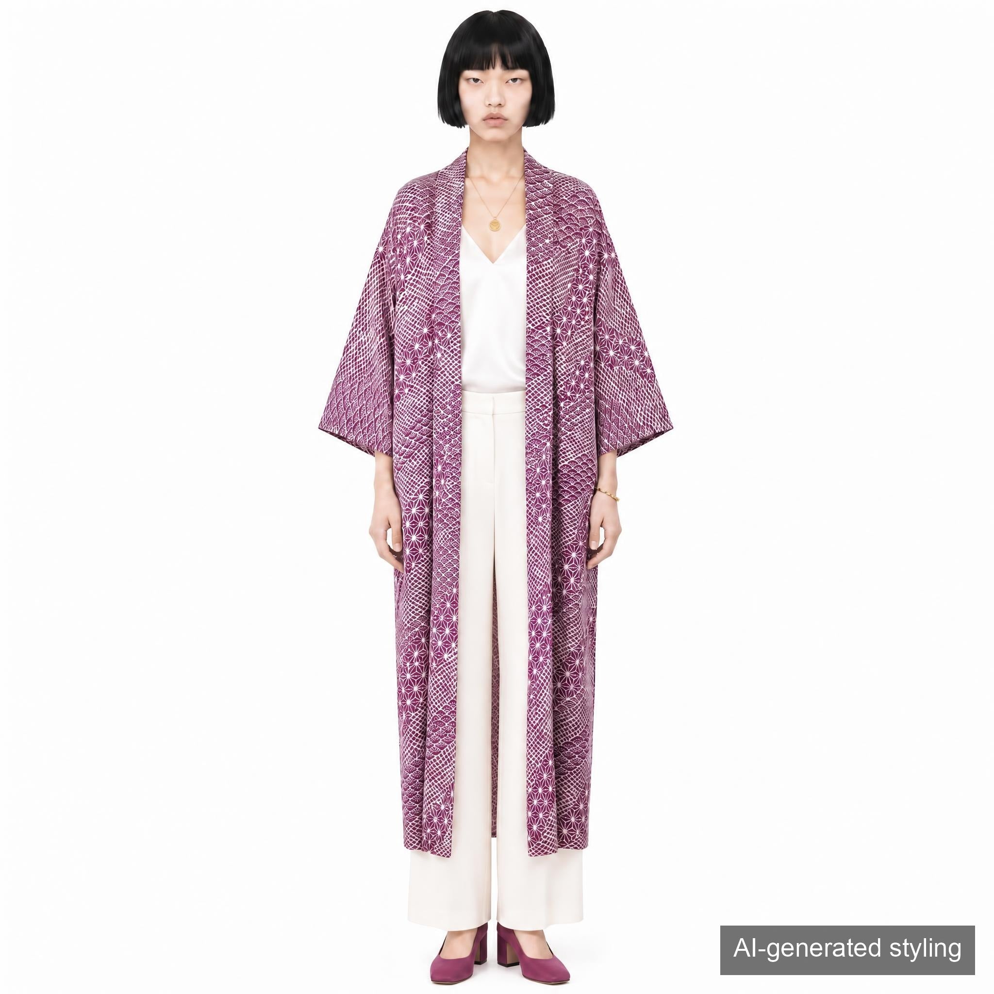 Handcrafted Robe from Vintage Kimono - Purple "ASANOHA" and "SEIGAIHA" Pattern D024