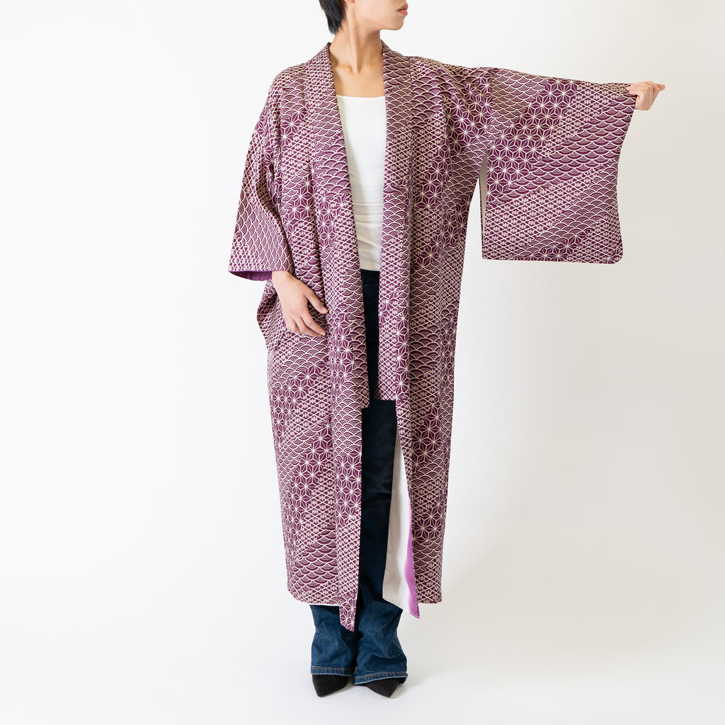 Handcrafted Robe from Vintage Kimono - Purple "ASANOHA" and "SEIGAIHA" Pattern D024