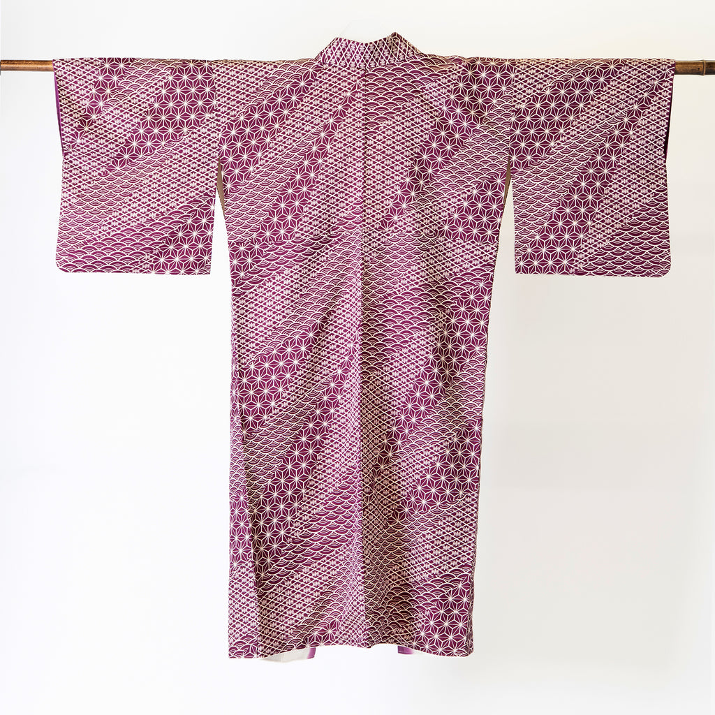 Handcrafted Robe from Vintage Kimono - Purple "ASANOHA" and "SEIGAIHA" Pattern D024