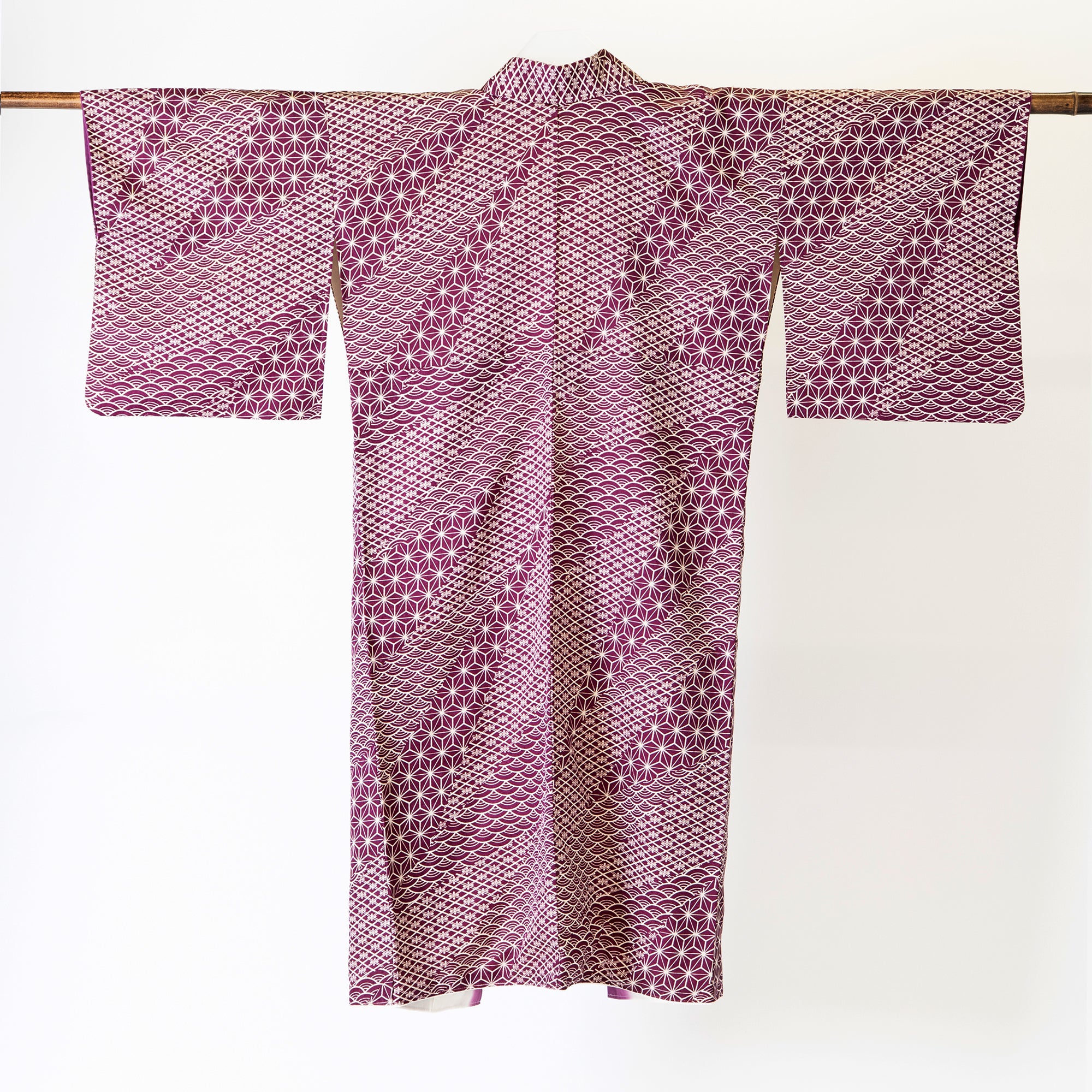 Handcrafted Robe from Vintage Kimono - Purple "ASANOHA" and "SEIGAIHA" Pattern D024