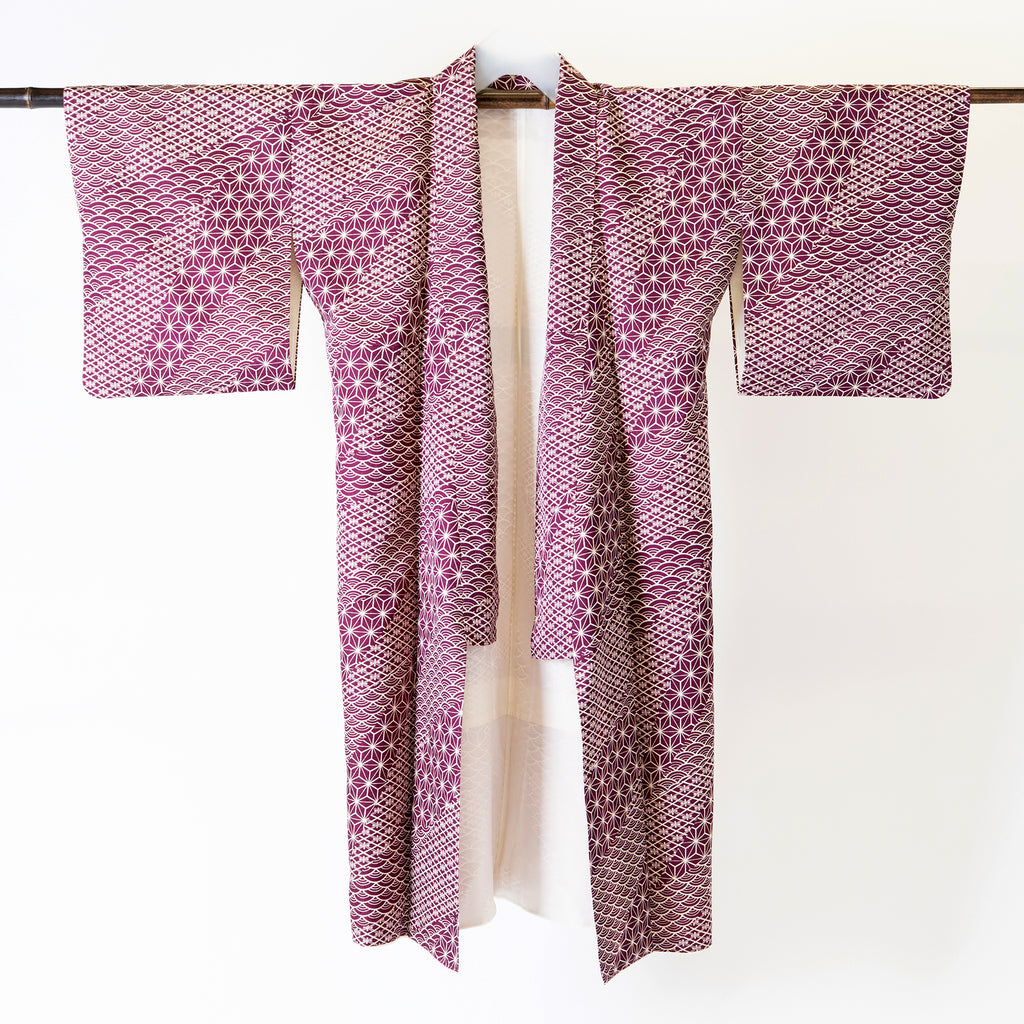 Handcrafted Robe from Vintage Kimono - Purple "ASANOHA" and "SEIGAIHA" Pattern D024