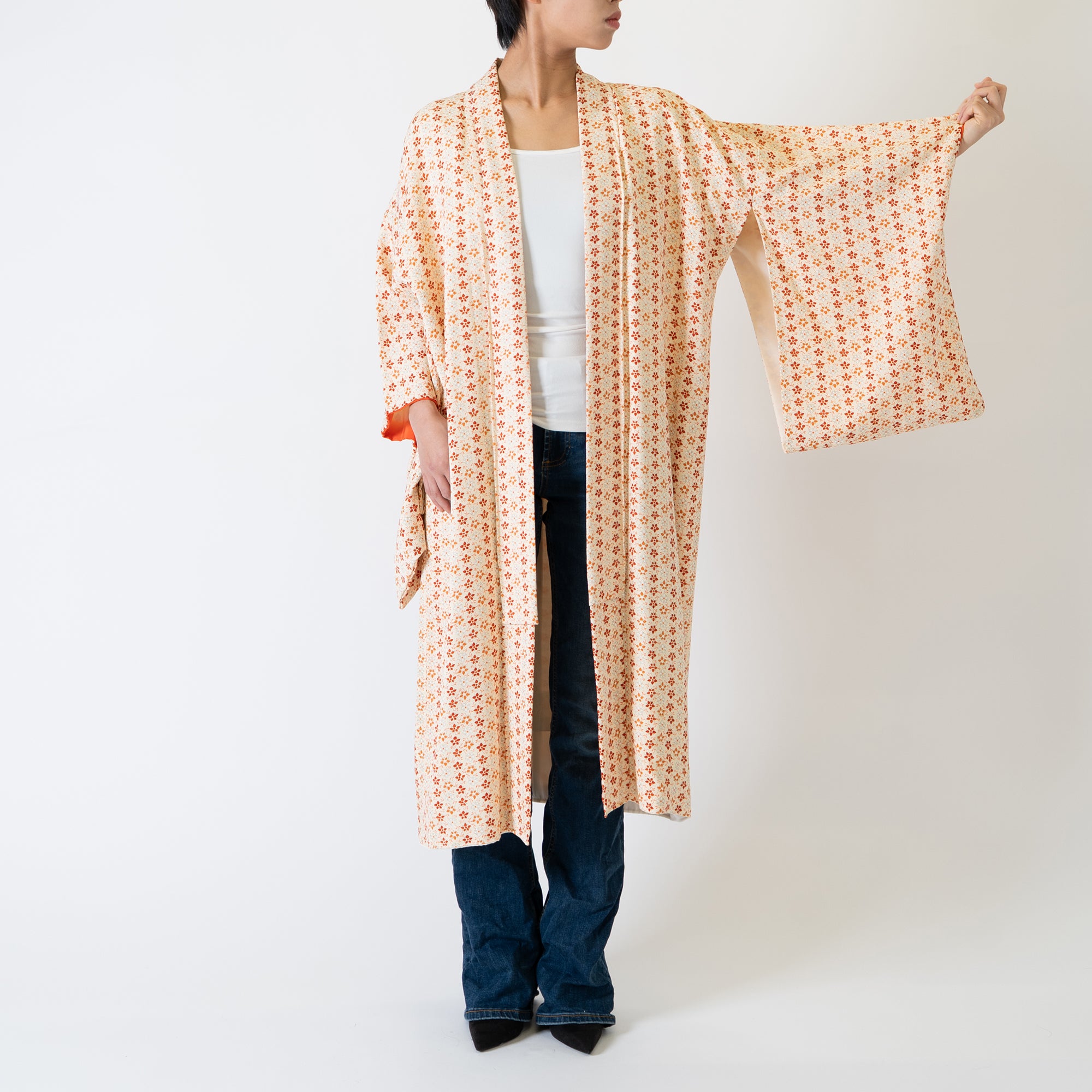 Handcrafted Robe from Vintage Kimono - Orange Floral Design D025