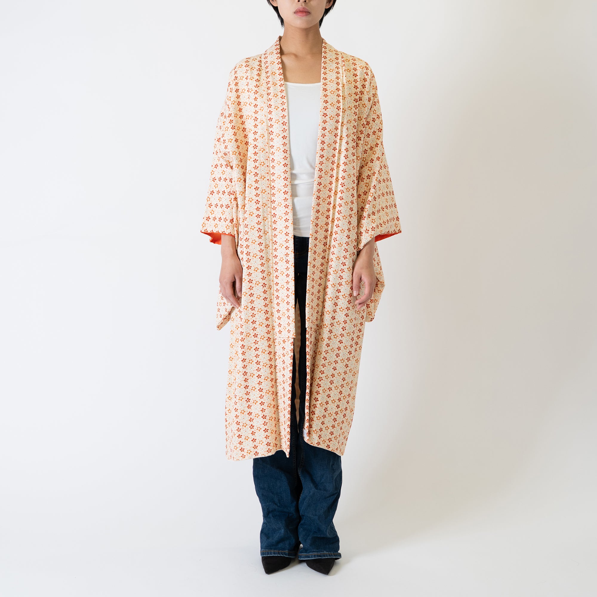 Handcrafted Robe from Vintage Kimono - Orange Floral Design D025