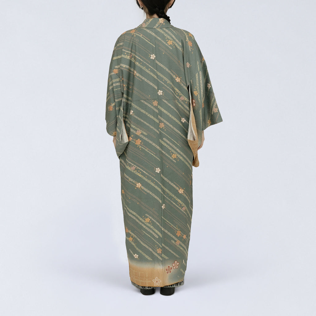 Handcrafted Robe from Vintage Kimono - Smoky Green Floral Design D026