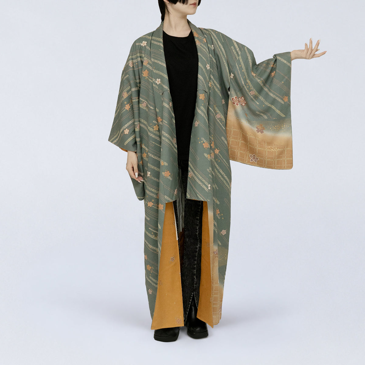 Handcrafted Robe from Vintage Kimono - Smoky Green Floral Design D026