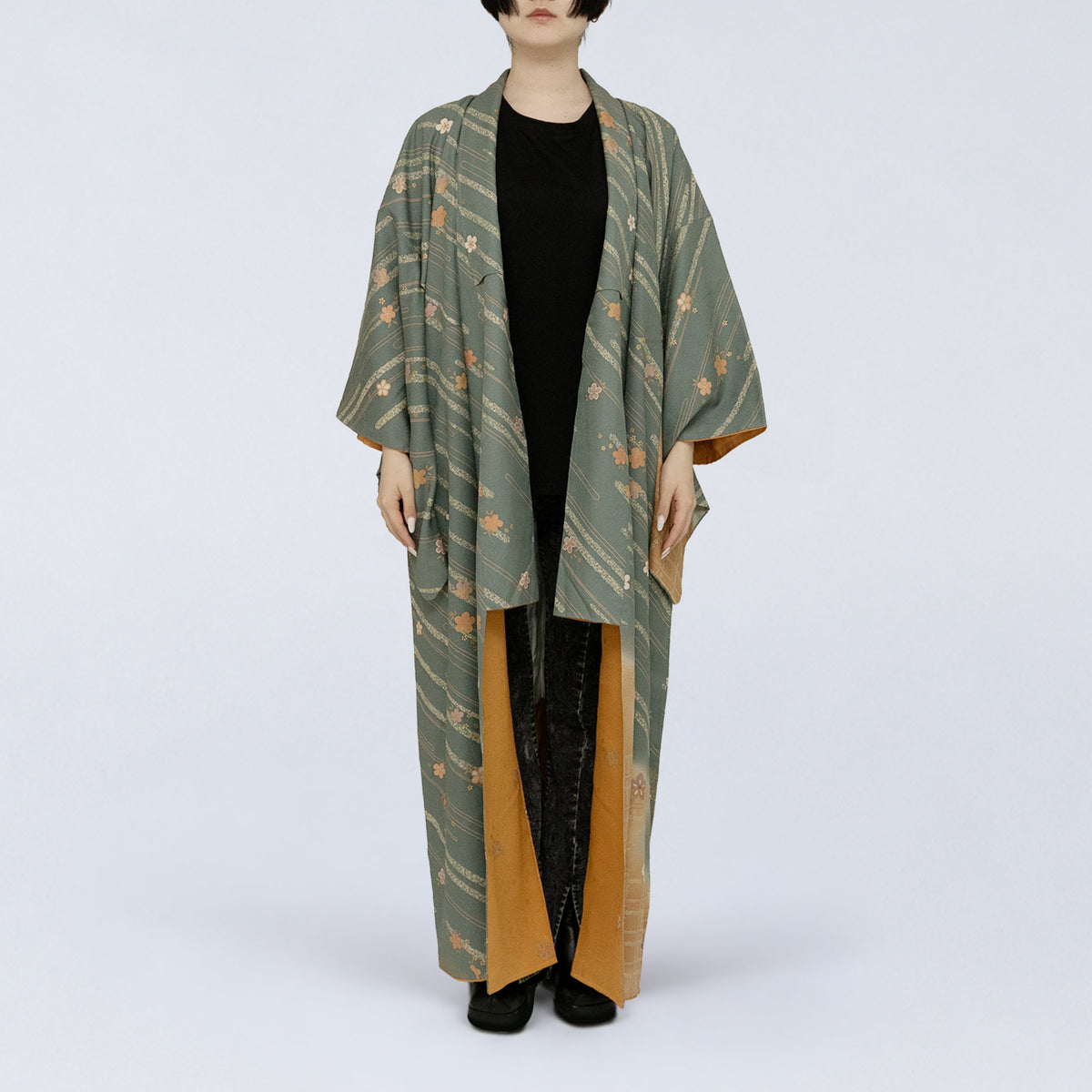 Handcrafted Robe from Vintage Kimono - Smoky Green Floral Design D026