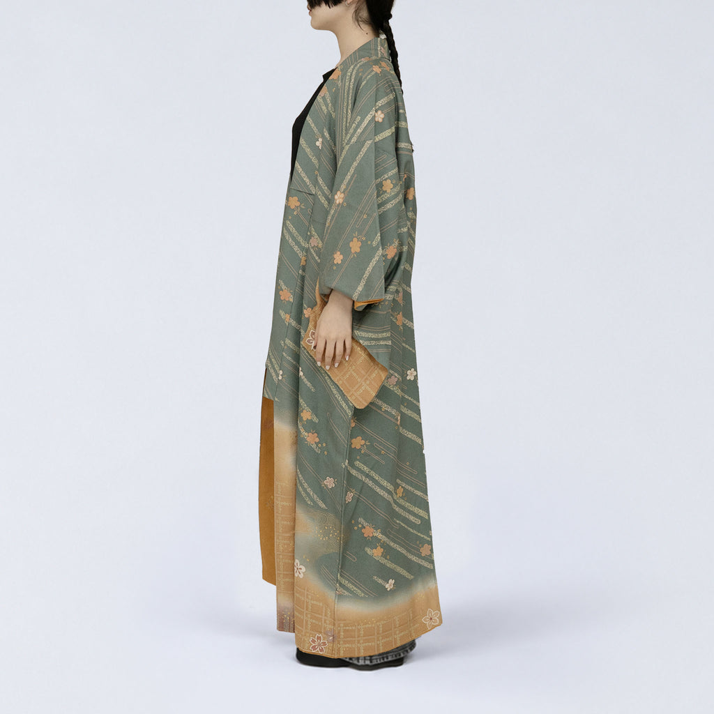 Handcrafted Robe from Vintage Kimono - Smoky Green Floral Design D026
