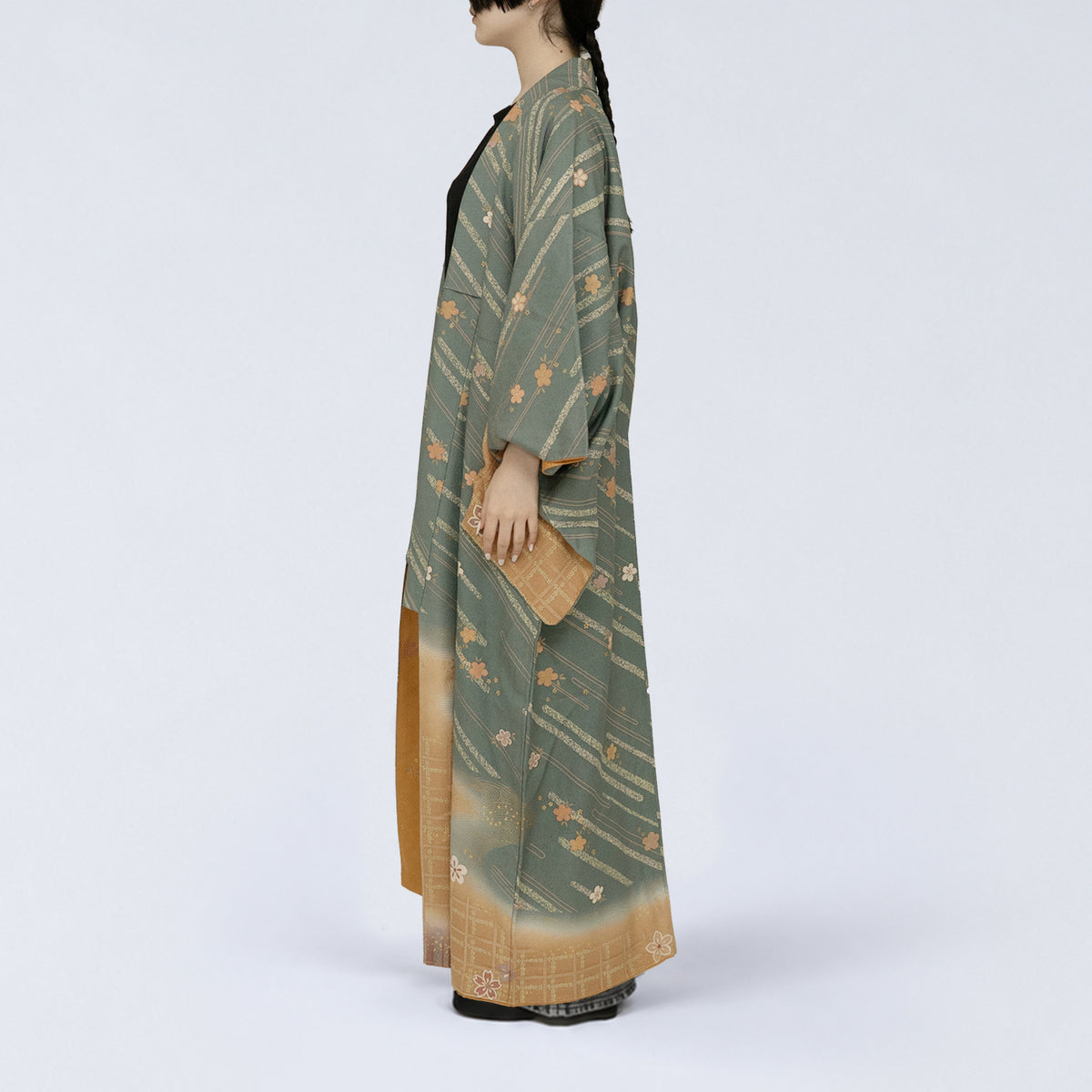 Handcrafted Robe from Vintage Kimono - Smoky Green Floral Design D026