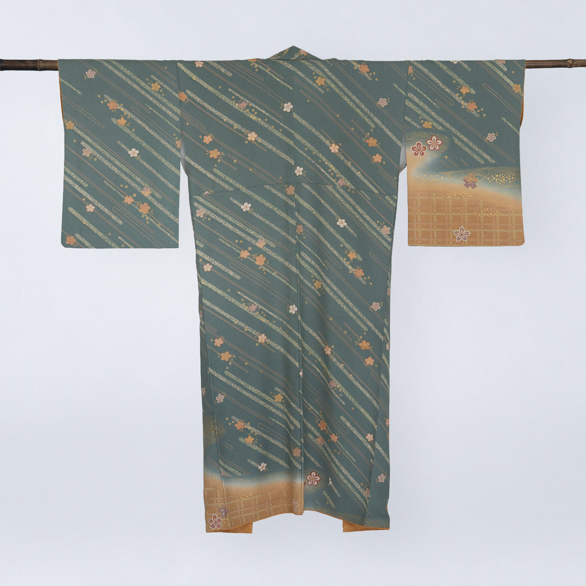Handcrafted Robe from Vintage Kimono - Smoky Green Floral Design D026