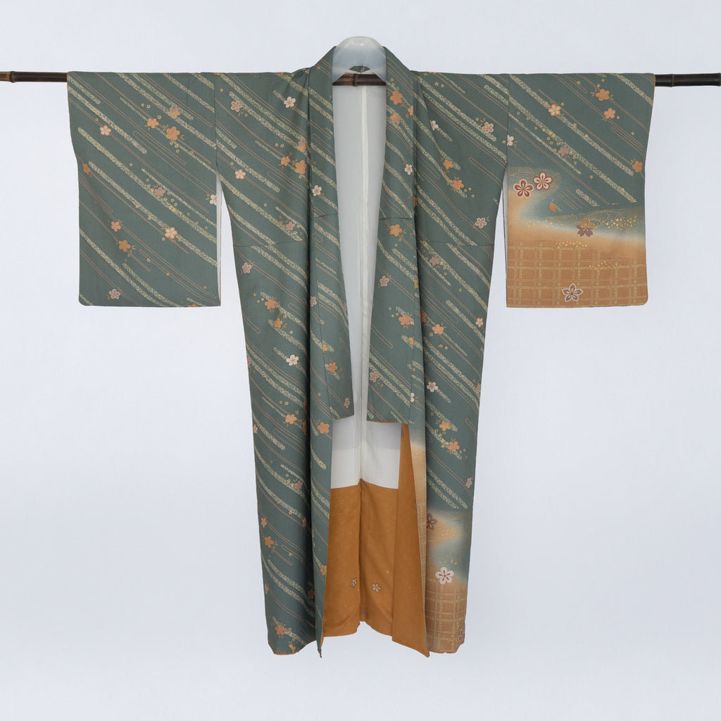 Handcrafted Robe from Vintage Kimono - Smoky Green Floral Design D026