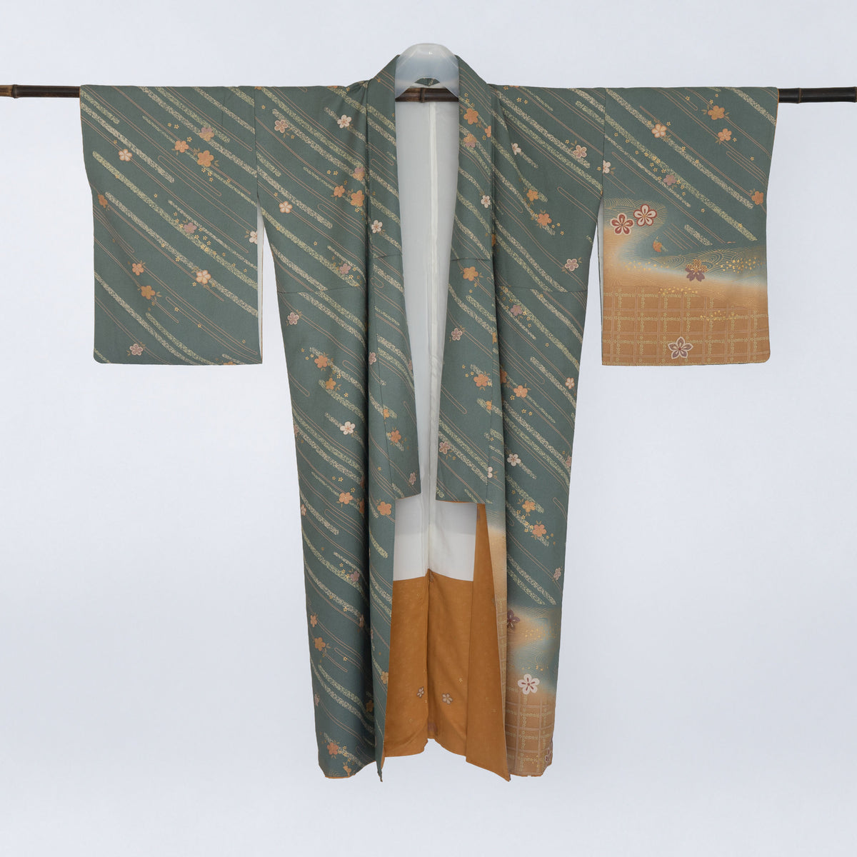 Handcrafted Robe from Vintage Kimono - Smoky Green Floral Design D026