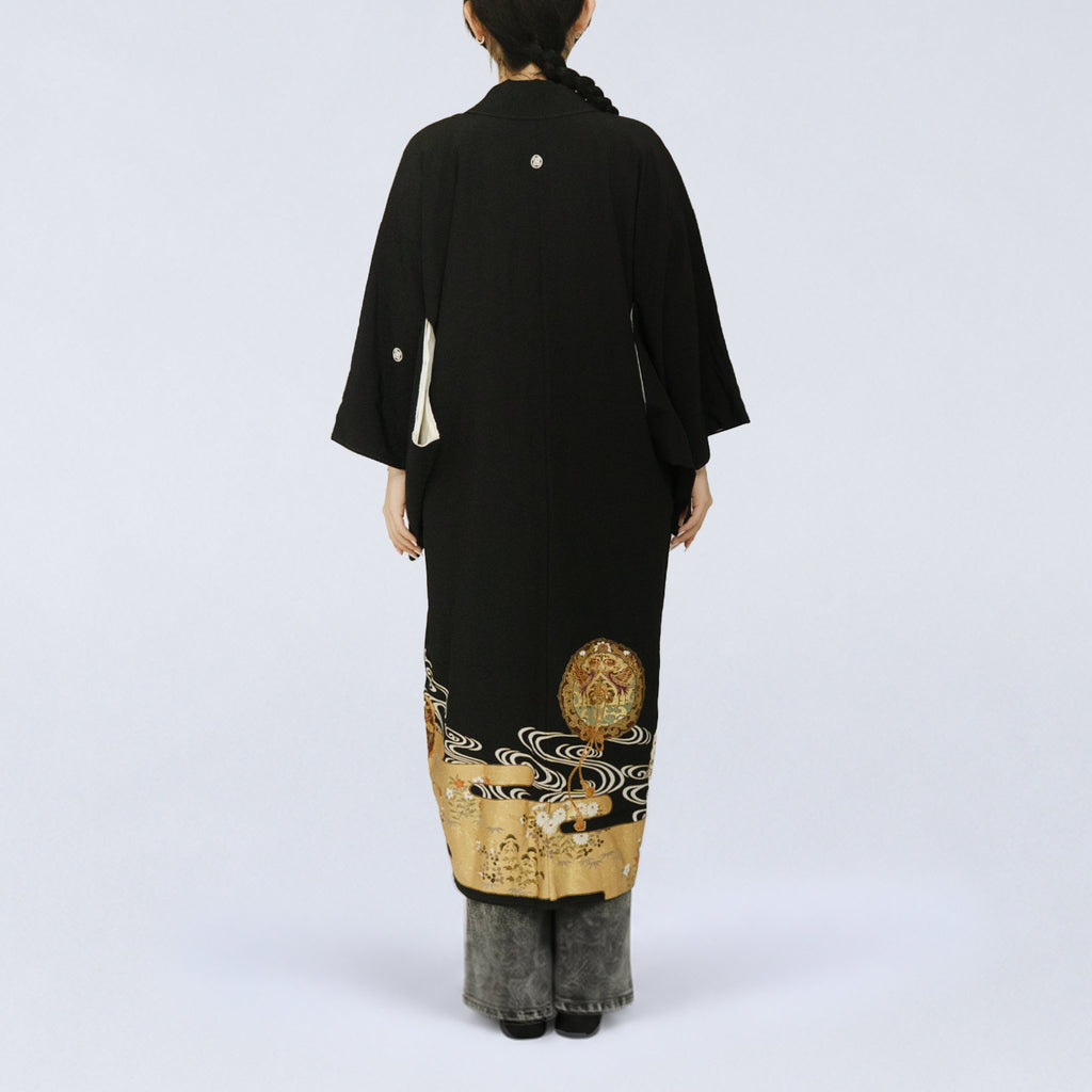 Handcrafted Robe from Vintage Kimono - Black & Golden Japanese Clouds Design D028