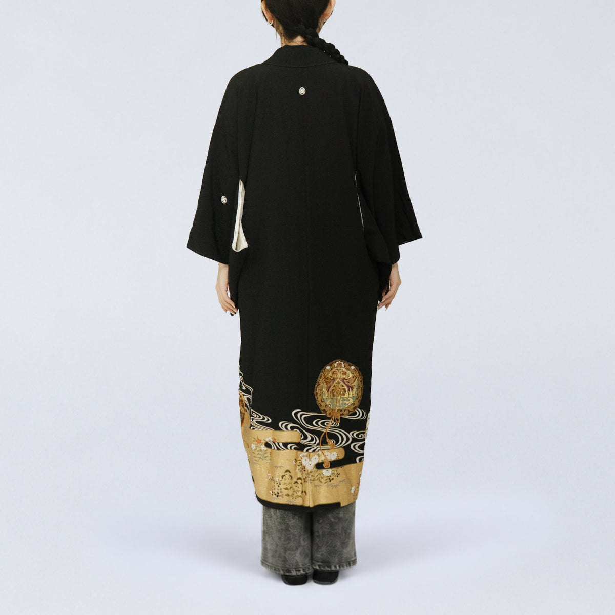 Handcrafted Robe from Vintage Kimono - Black & Golden Japanese Clouds Design D028