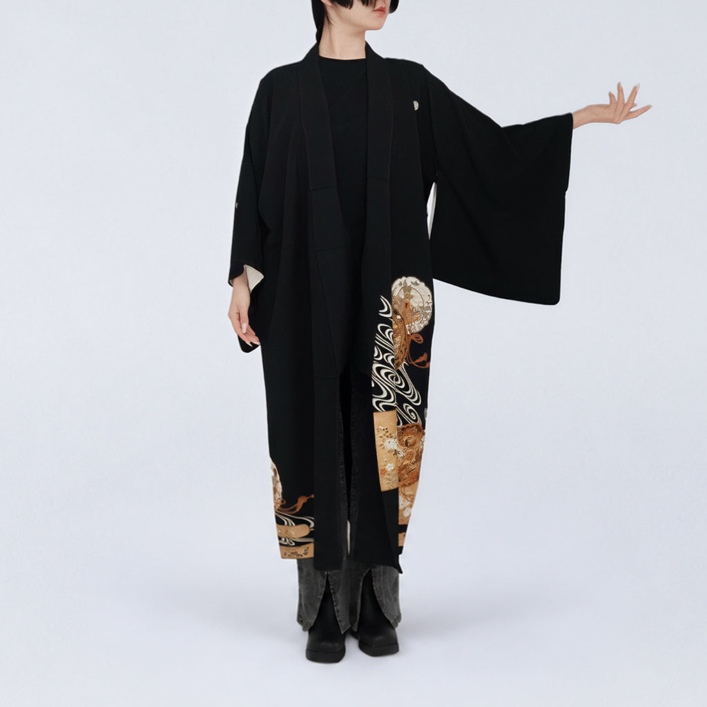 Handcrafted Robe from Vintage Kimono - Black & Golden Japanese Clouds Design D028
