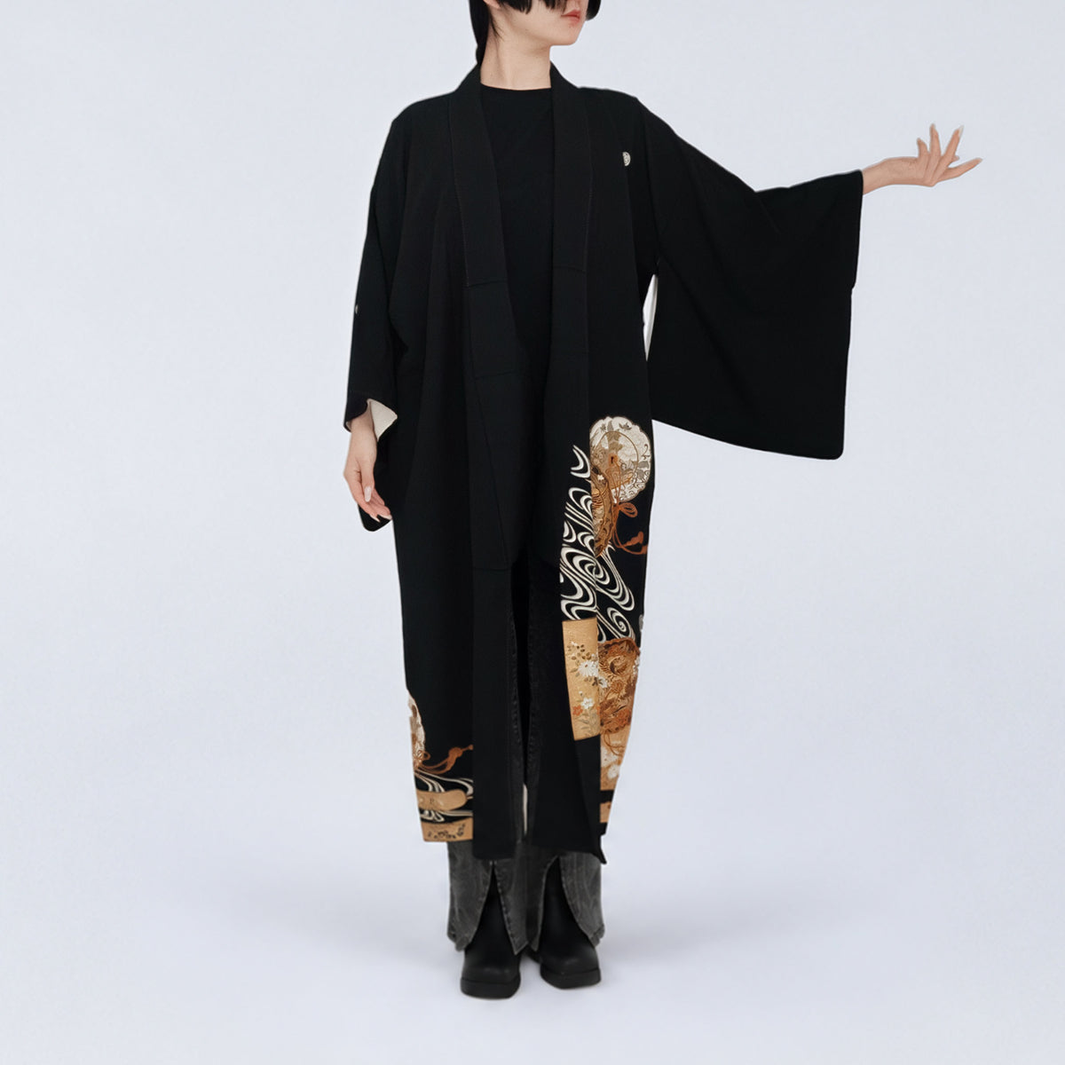 Handcrafted Robe from Vintage Kimono - Black & Golden Japanese Clouds Design D028