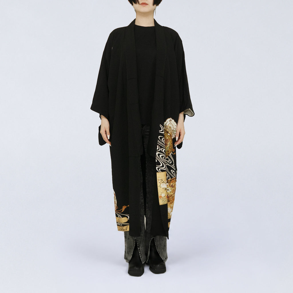 Handcrafted Robe from Vintage Kimono - Black & Golden Japanese Clouds Design D028