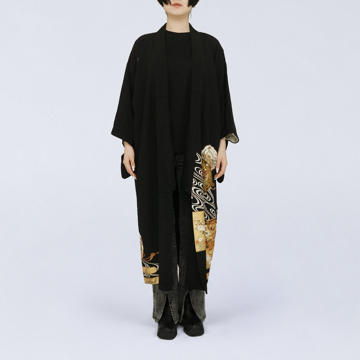 Handcrafted Robe from Vintage Kimono - Black & Golden Japanese Clouds Design D028