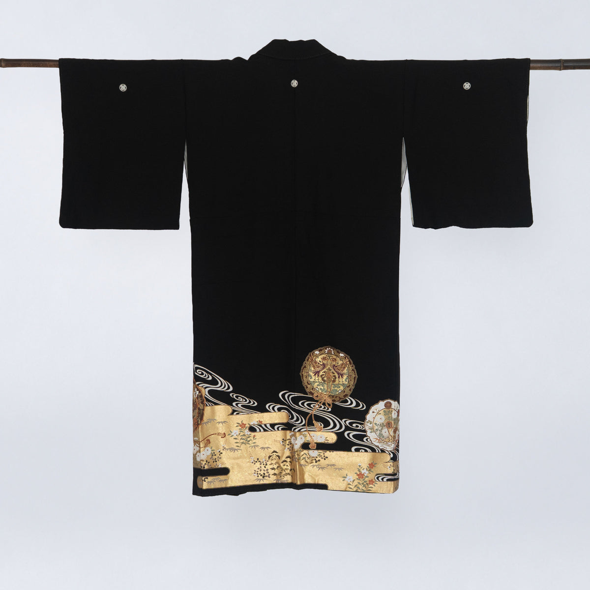 Handcrafted Robe from Vintage Kimono - Black & Golden Japanese Clouds Design D028