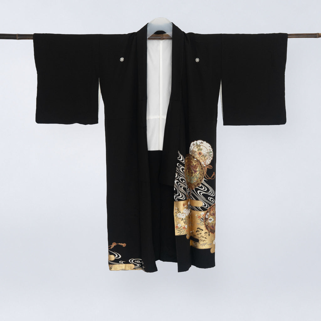 Handcrafted Robe from Vintage Kimono - Black & Golden Japanese Clouds Design D028