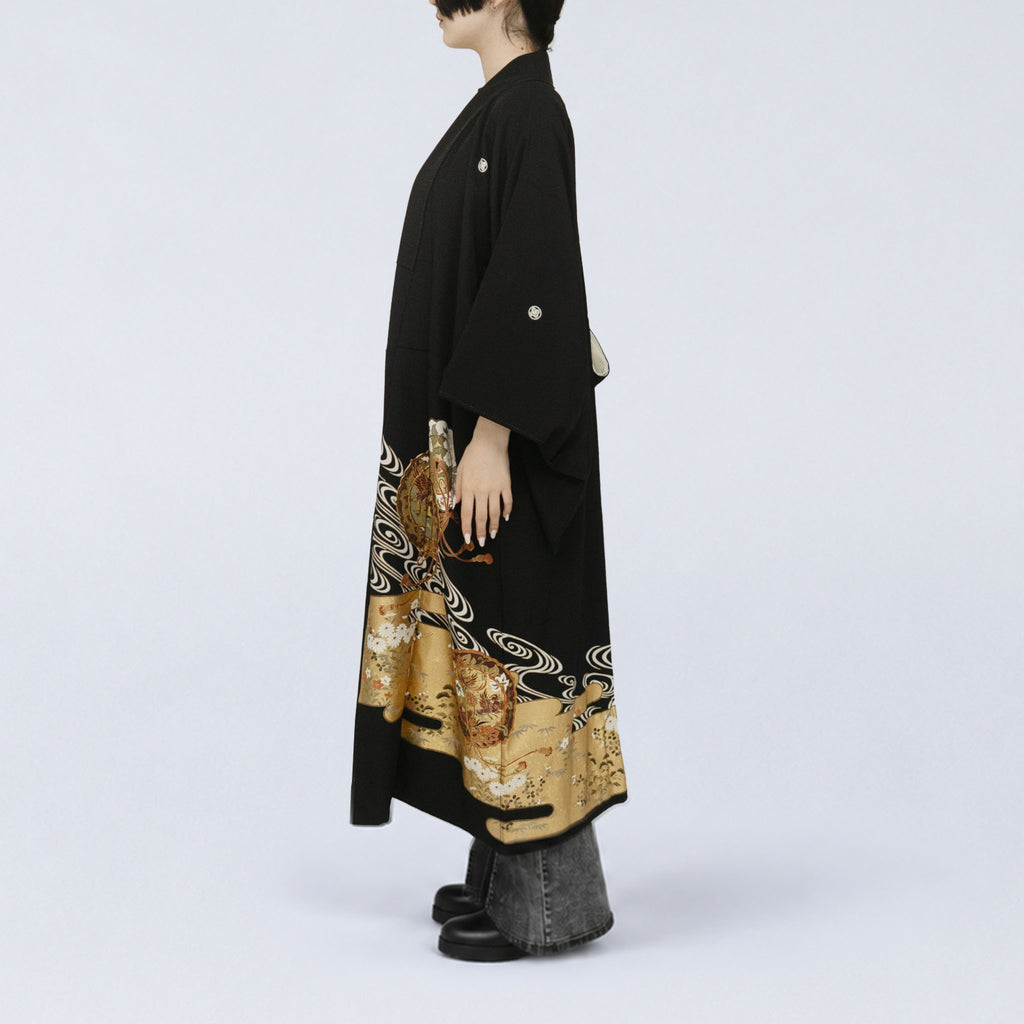 Handcrafted Robe from Vintage Kimono - Black & Golden Japanese Clouds Design D028