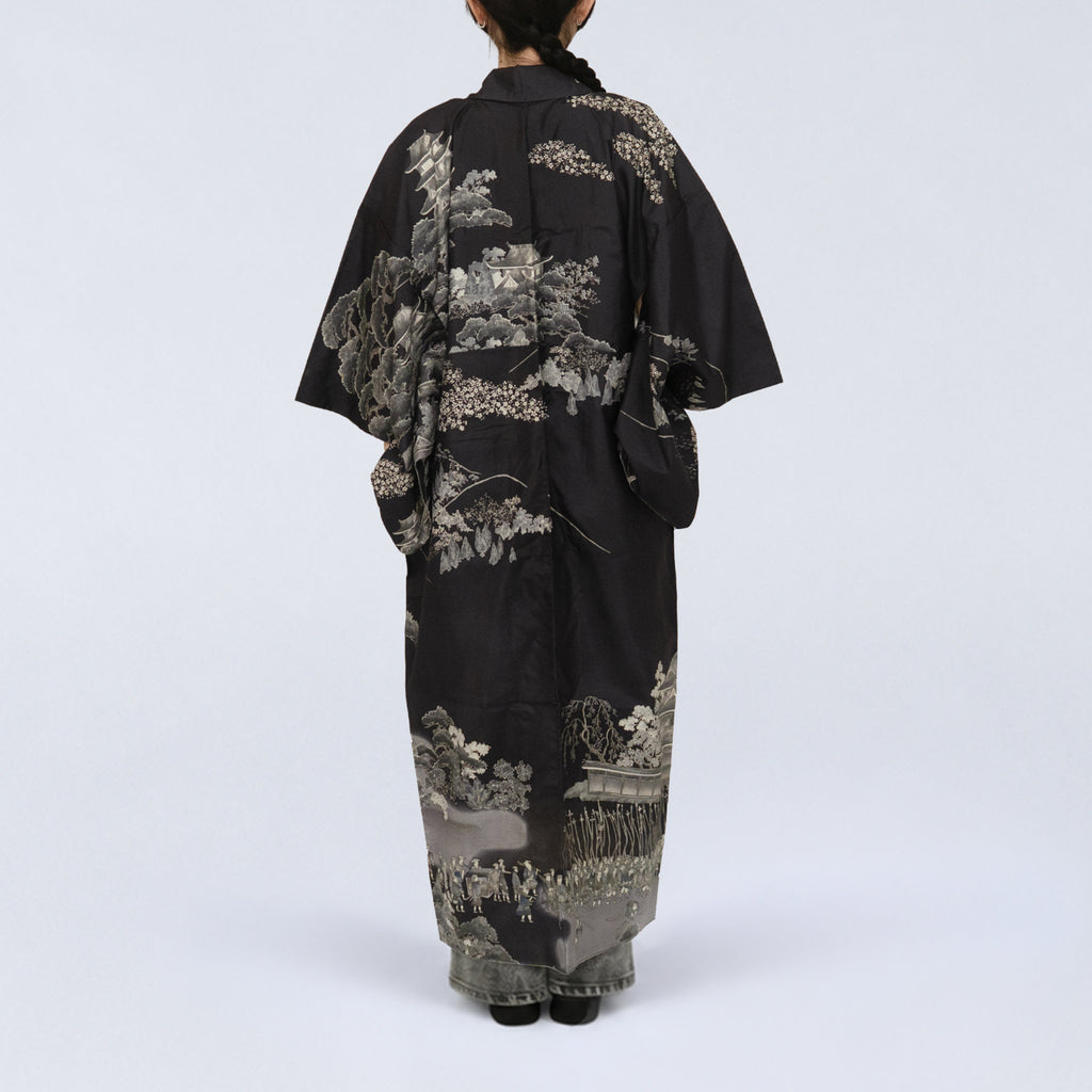 Handcrafted Robe from Vintage Kimono - Japanese Landscape Design D030