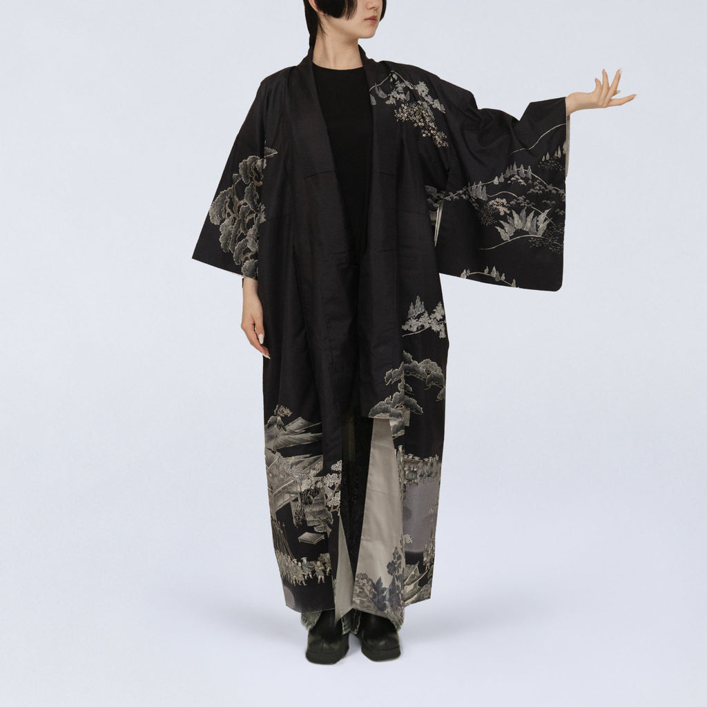 Handcrafted Robe from Vintage Kimono - Japanese Landscape Design D030