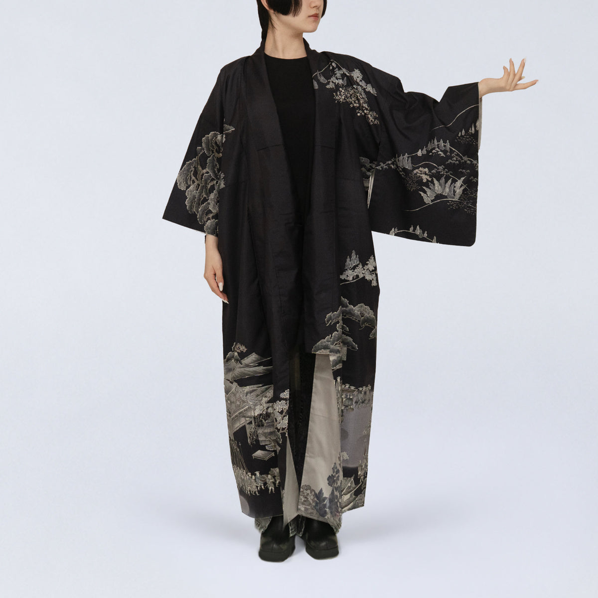 Handcrafted Robe from Vintage Kimono - Japanese Landscape Design D030