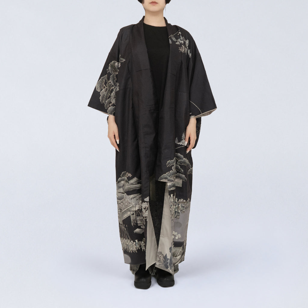 Handcrafted Robe from Vintage Kimono - Japanese Landscape Design D030