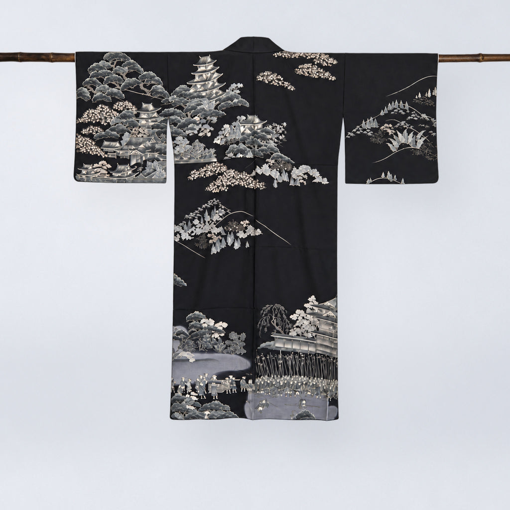 Handcrafted Robe from Vintage Kimono - Japanese Landscape Design D030