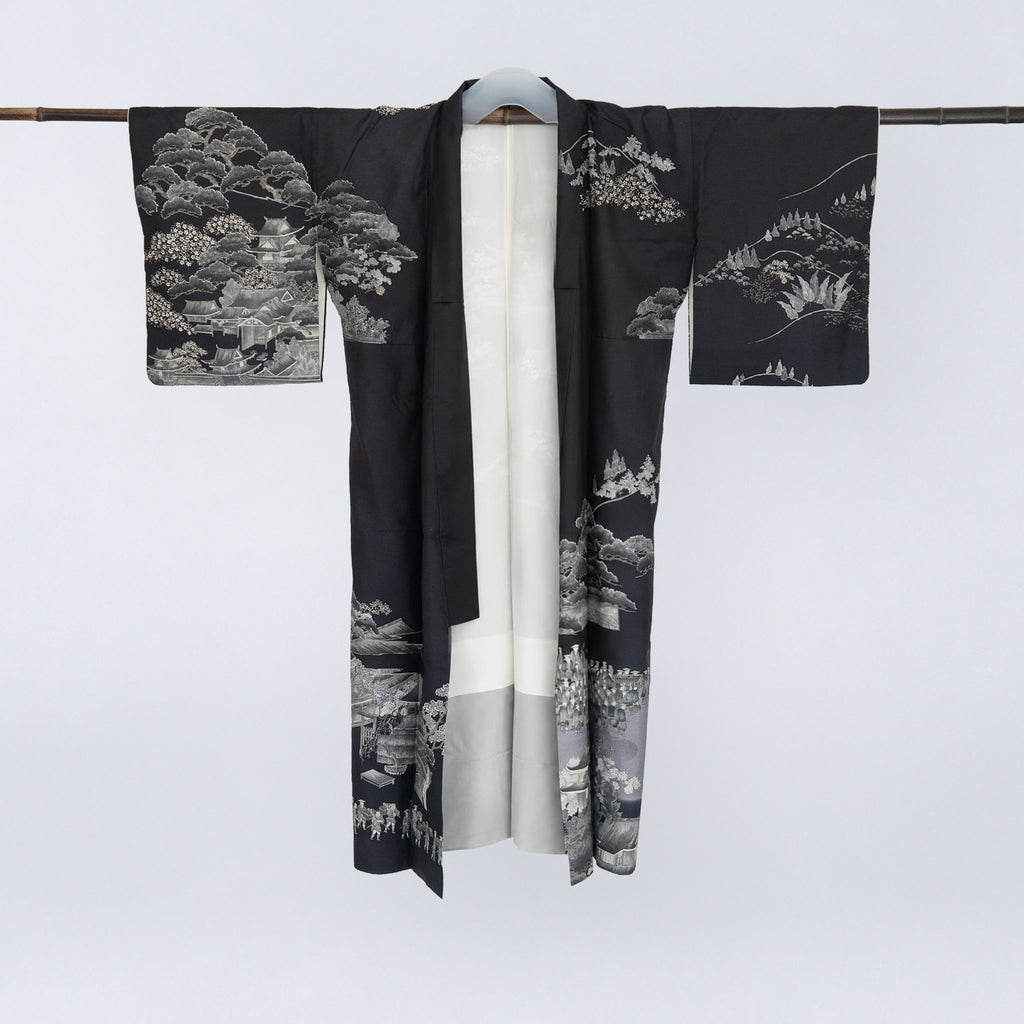 Handcrafted Robe from Vintage Kimono - Japanese Landscape Design D030