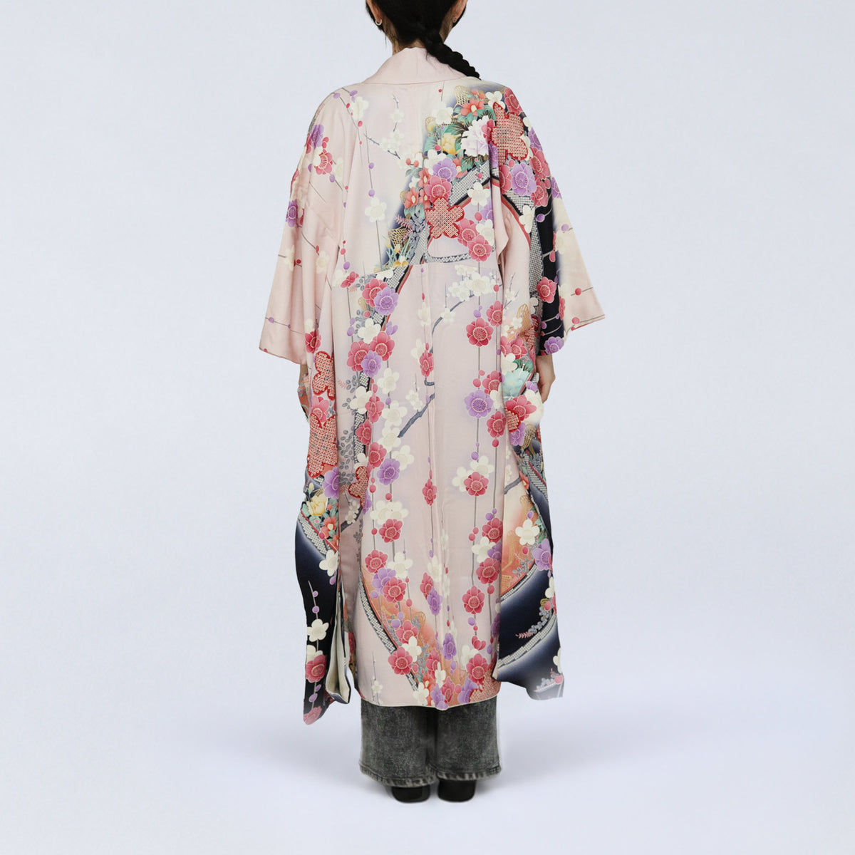 Handcrafted Robe from Vintage Kimono - Pink & Plum Blossom Design D031