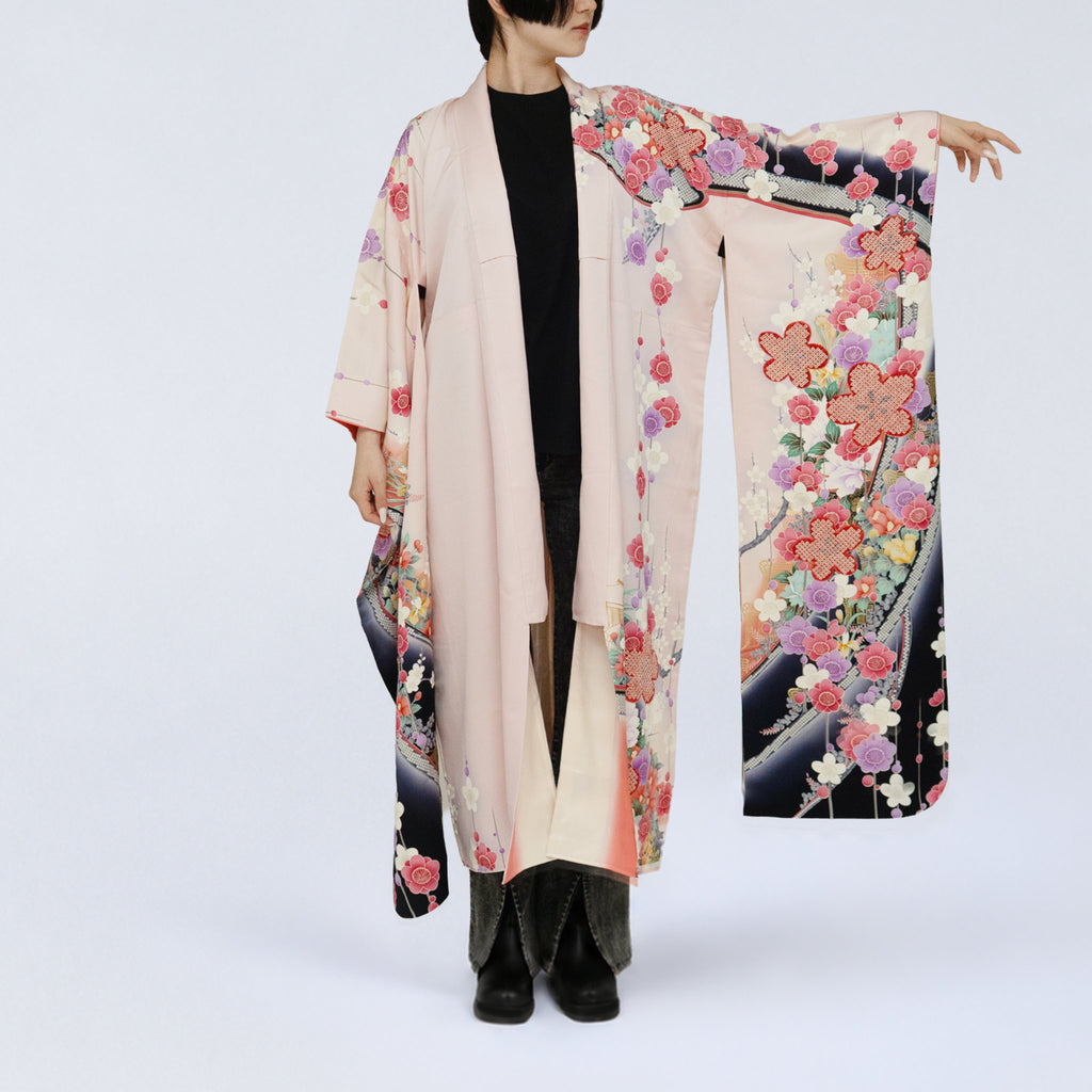 Handcrafted Robe from Vintage Kimono - Pink & Plum Blossom Design D031