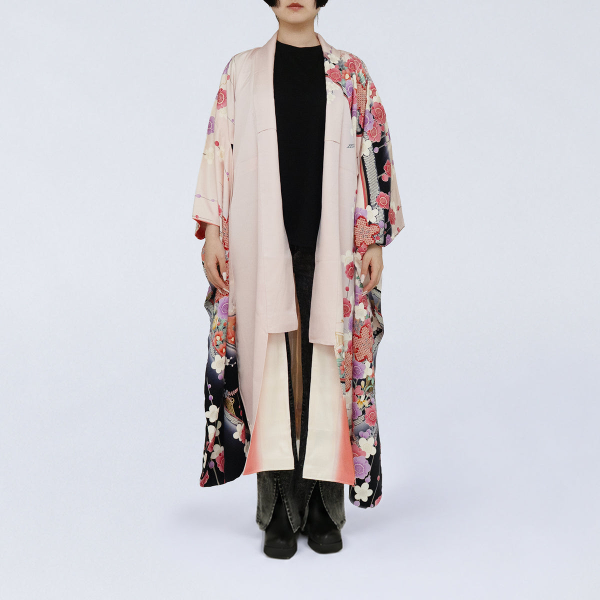 Handcrafted Robe from Vintage Kimono - Pink & Plum Blossom Design D031