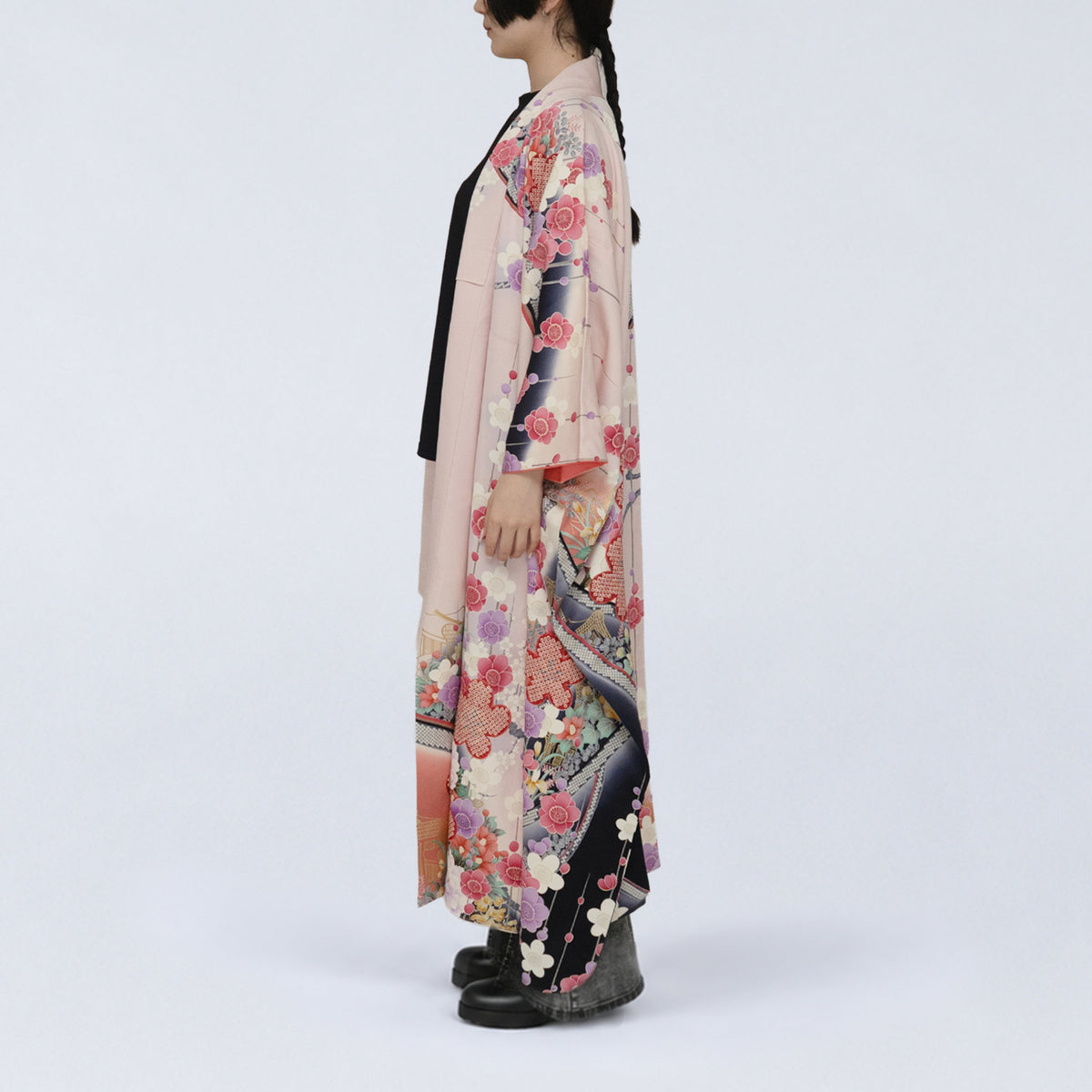 Handcrafted Robe from Vintage Kimono - Pink & Plum Blossom Design D031