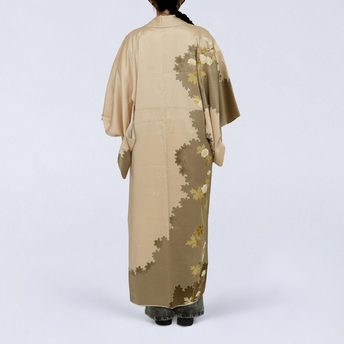 Handcrafted Robe from Vintage Kimono - Beige & Brown Peony Design D033