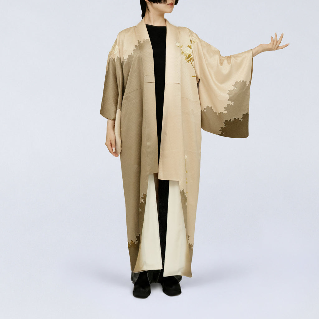 Handcrafted Robe from Vintage Kimono - Beige & Brown Peony Design D033