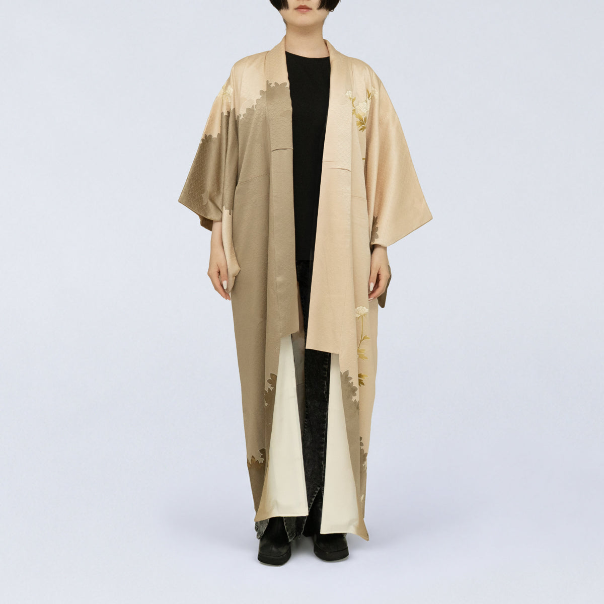 Handcrafted Robe from Vintage Kimono - Beige & Brown Peony Design D033