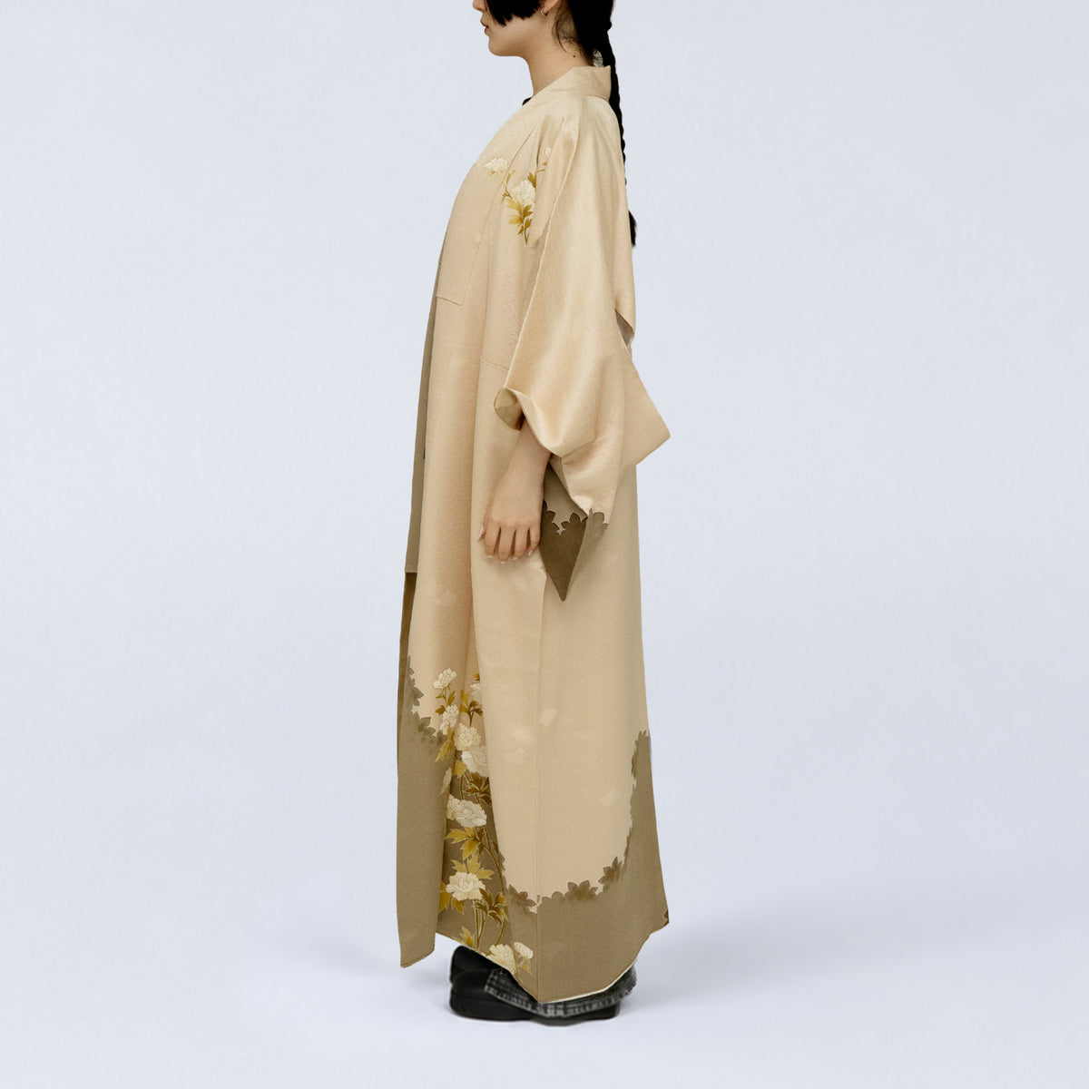 Handcrafted Robe from Vintage Kimono - Beige & Brown Peony Design D033