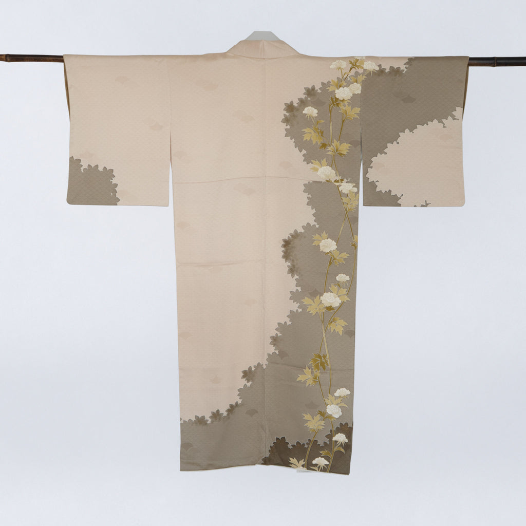 Handcrafted Robe from Vintage Kimono - Beige & Brown Peony Design D033