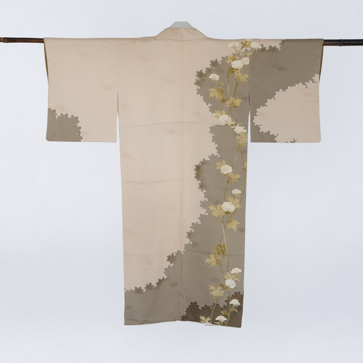 Handcrafted Robe from Vintage Kimono - Beige & Brown Peony Design D033