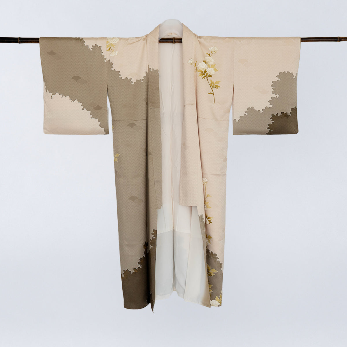 Handcrafted Robe from Vintage Kimono - Beige & Brown Peony Design D033