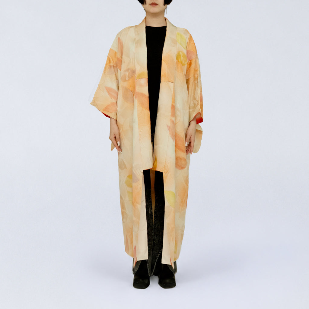 Handcrafted Robe from Vintage Kimono - Pink Leaf Design D034