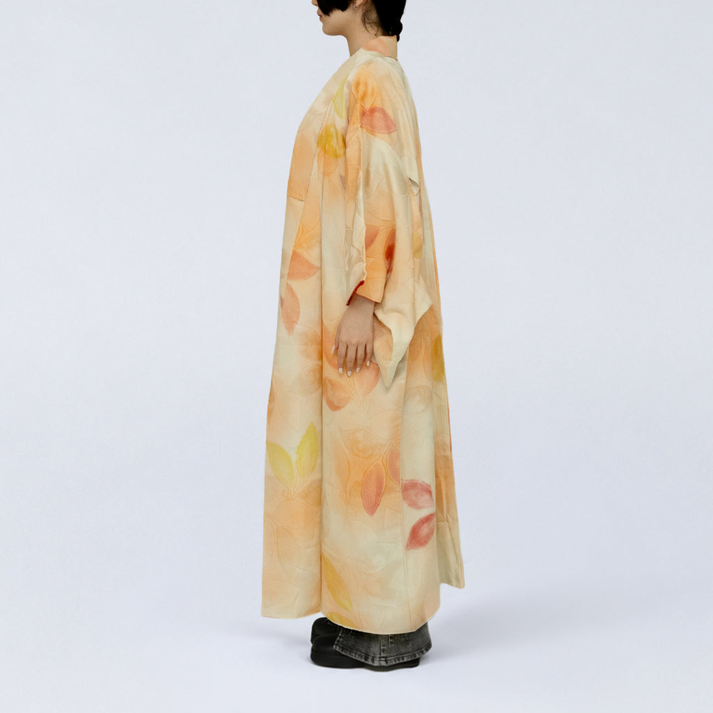 Handcrafted Robe from Vintage Kimono - Pink Leaf Design D034