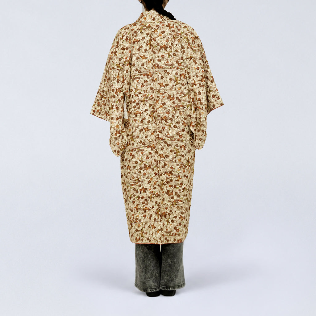 Handcrafted Robe from Vintage Kimono - Brown Flower & Bird Design D035