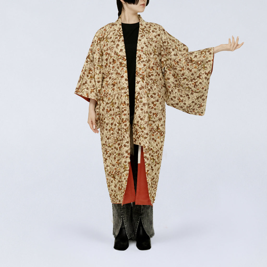 Handcrafted Robe from Vintage Kimono - Brown Flower & Bird Design D035